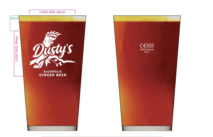 Dusty's pint-glass artwork showing front and back logo placement and print dimensions