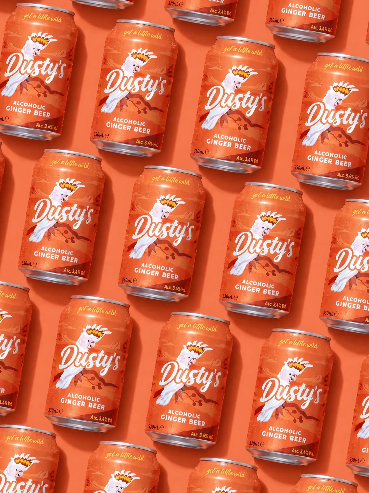 Dusty's Ginger Beer cans arranged in a diagonal repeating pattern on coral