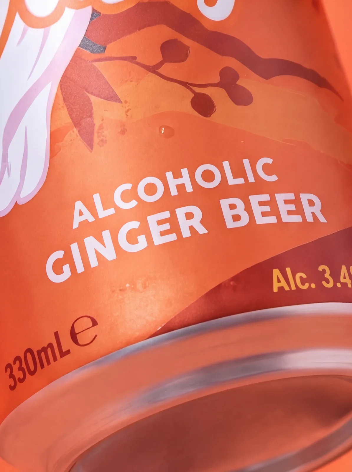 Close-up of Dusty's Ginger Beer label typography and condensation