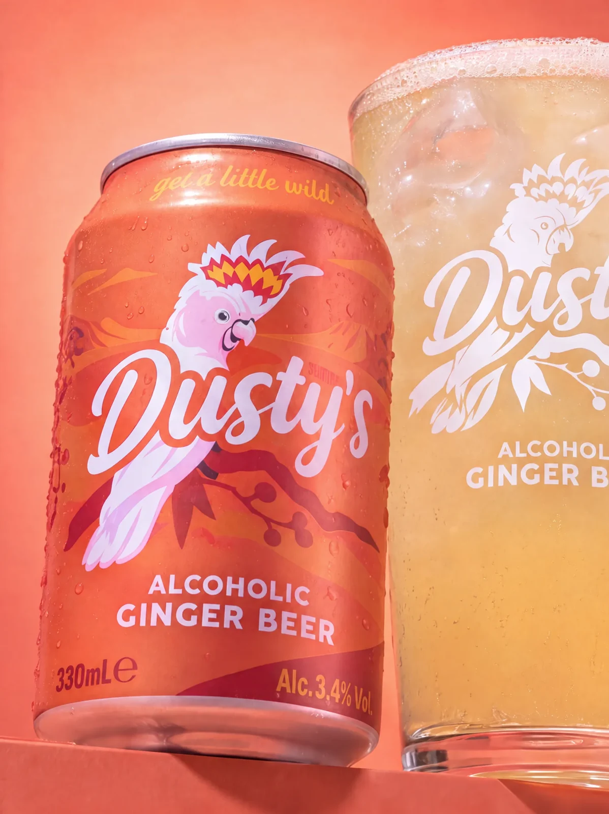 Low-angle view of a chilled Dusty's Ginger Beer can and branded pint glass