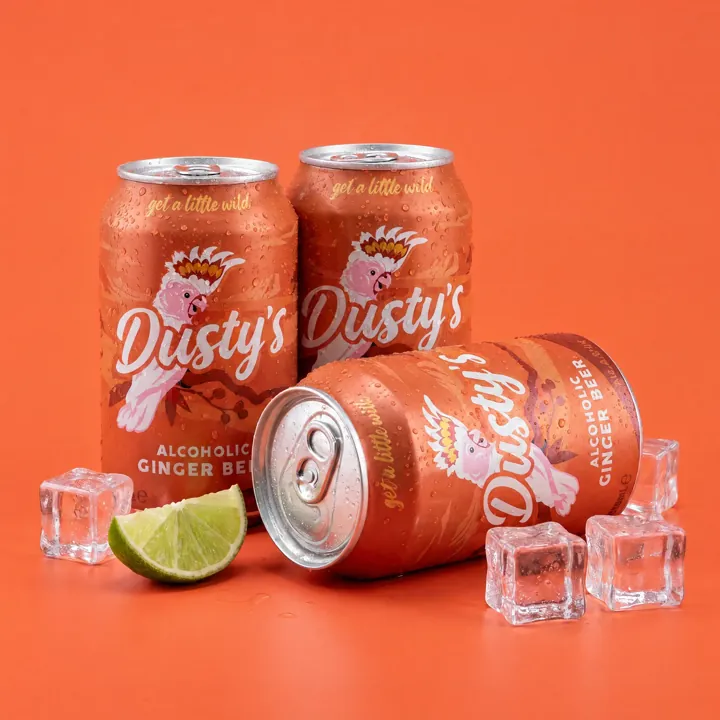 Dusty's Ginger Beer cans arranged with a lime wedge and ice cubes on a coral background
