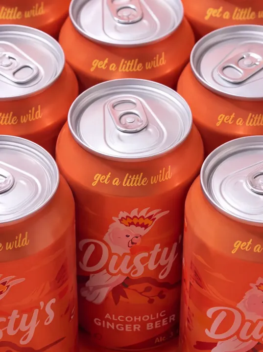 Close-up of silver ring-pull tops on grouped Dusty's Ginger Beer cans