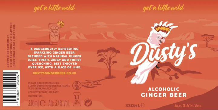 Dusty's Ginger Beer flat can-label artwork with cockatoo logo and orange landscape