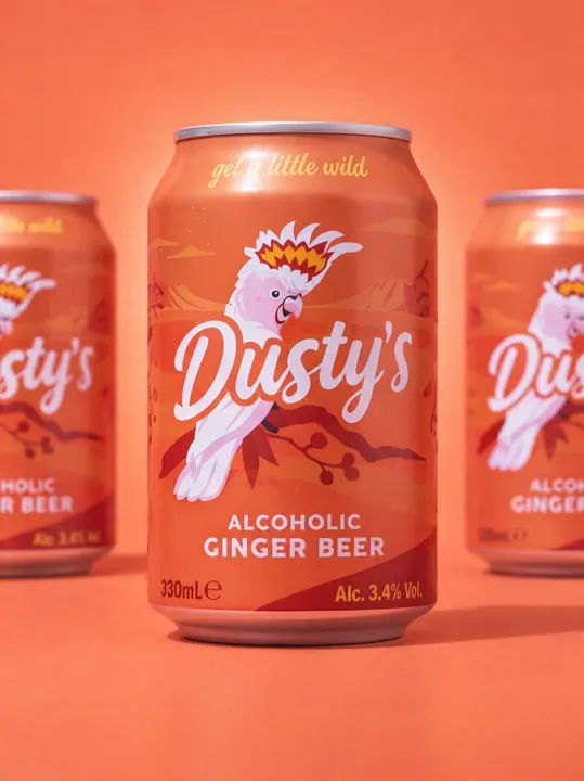Three Dusty's Ginger Beer cans lined up against a coral background