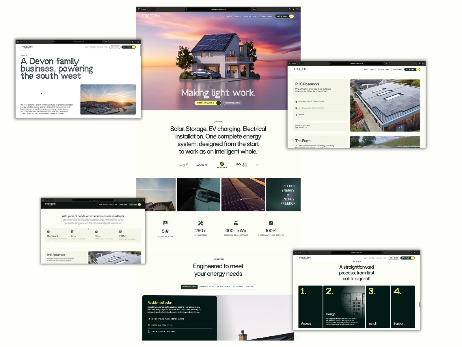 Freedom Energy website redesign preview: homepage, case studies, services and process pages shown across multiple screen mockups